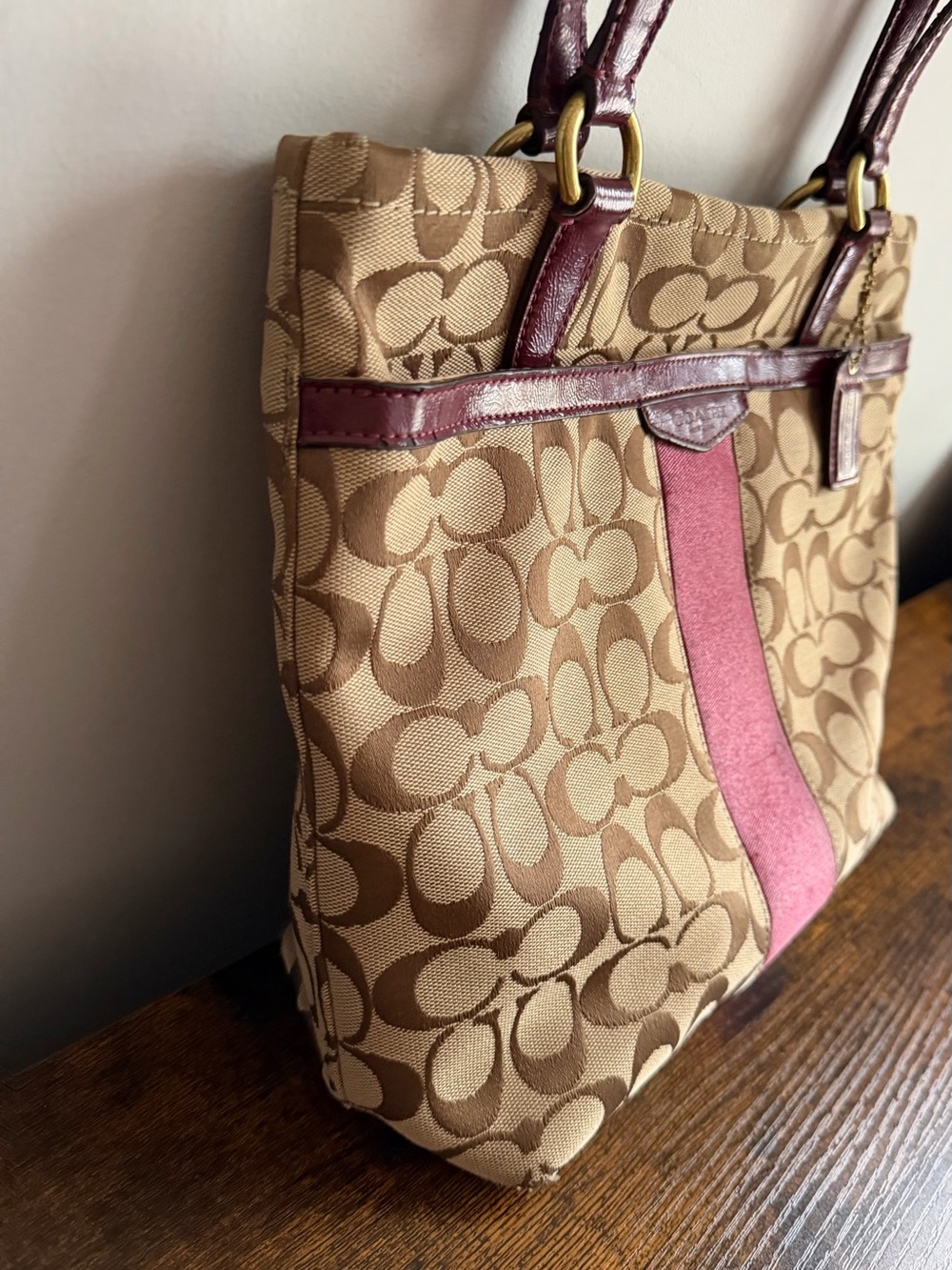 Coach F28504 Signature Stripe Tote Bag Khaki Burgundy Canvas Leather - Picture 4 of 13